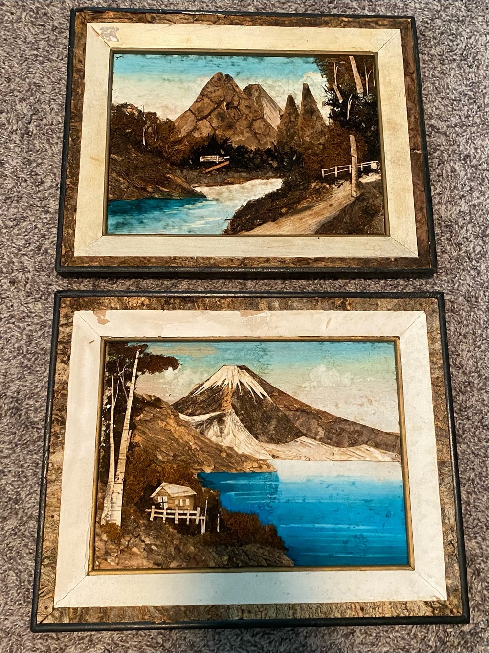 Vintage 1950’s Japan Bark & Moss Wall Art Mountain Lake Scene Set of 2 Painting